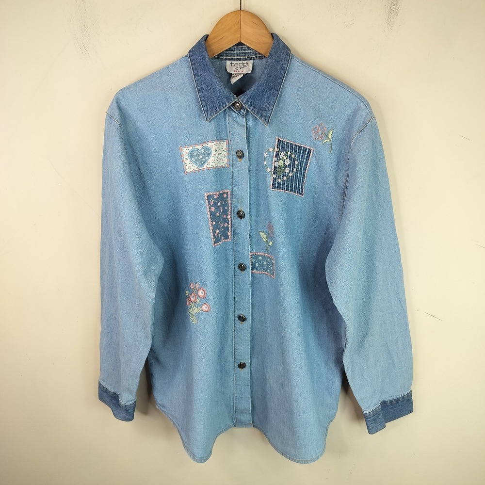 Teddi Vtg Embroidered Floral Patchwork Denim Shirt Petite Large Cottagecore 80s